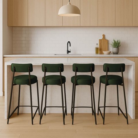 Banqueta Cozinha Alta com Encosto Industrial Preto Kit 4 Londres Pu Verde D03 - D'rossi