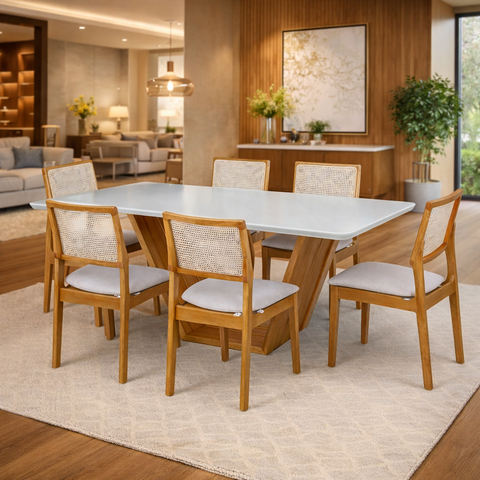 Conjunto Mesa Safira 160cm + 6 Cadeiras Granada – Design Moderno em Madeira Maciça com Vidro Off Whi