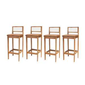 Kit 4 Banqueta Alta de Madeira com Assento Estofado Corino e Encosto em Palhinha Bruna: Mel e Sintet