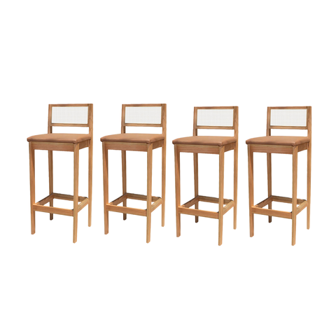 Kit 4 Banqueta Alta de Madeira com Assento Estofado Corino e Encosto em Palhinha Bruna: Mel e Sintet