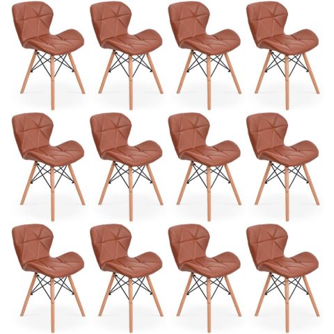 Kit 12 Cadeiras de Jantar Charles Eames Slim Wood Estofada - Marrom