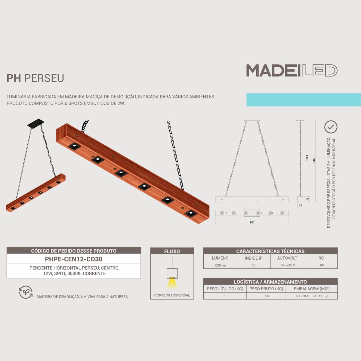 Luminária Pendente Perseu 12w Madeira Maciça Corrente - 5