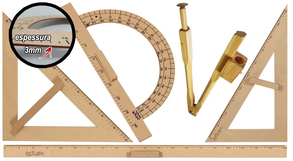 CONJ 4 Kit Geométrico do Professor Mdf Com 4 Régua 1 Metro, 4 Compasso Para Quadro Branco, 4 Esquadr