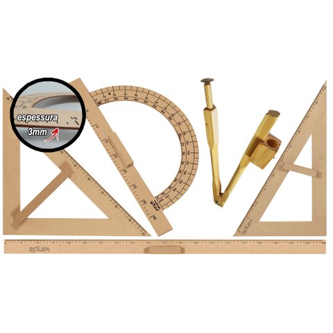 CONJ 4 Kit Geométrico do Professor Mdf Com 4 Régua 1 Metro, 4 Compasso Para Quadro Branco, 4 Esquadr