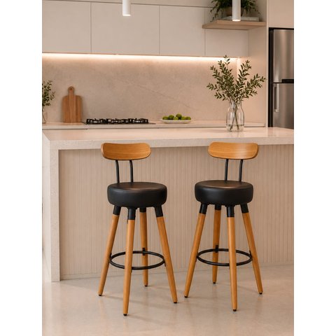 Kit 2 Banquetas Alta com Encosto Ergonômica para Cozinha Pés Madereira