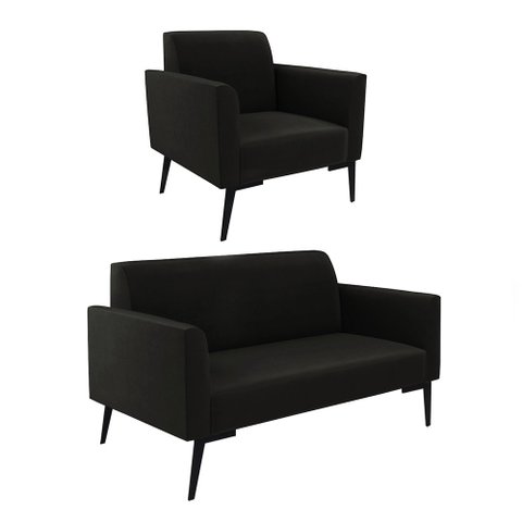 Sofá Namoradeira com Poltrona Pés Villach Marisa Suede Preto D03 - D'Rossi