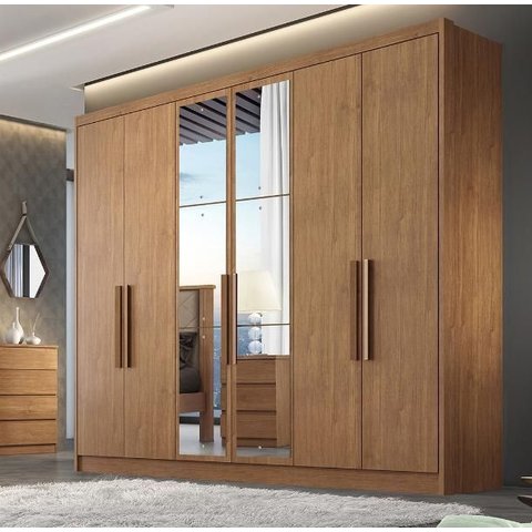 Guarda Roupa Solteiro com Espelho 100% MDF 6 Portas 8 Gavetas 243cm Rizon Cumaru - Novo Horizonte