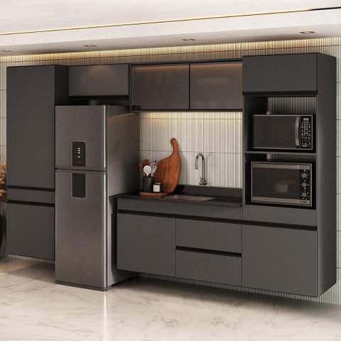 Armário de Cozinha Modulada Completa com Pia Suspensa 313cm Milano Multimóveis MCR2404 Grafite/