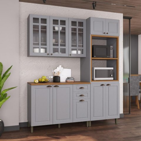 Armário de Cozinha Modulada Compacta Fidelitá Nara 100% MDF 3 Peças 190cm 10 Portas 2 Gavetas com