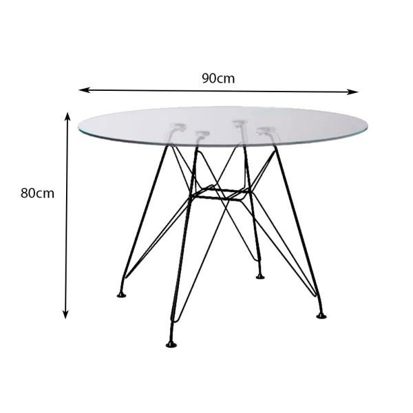 Mesa Jantar Eames de Ferro Preto Tampo Redondo 90cm Vidro 4 Cadeiras Pretas - 3