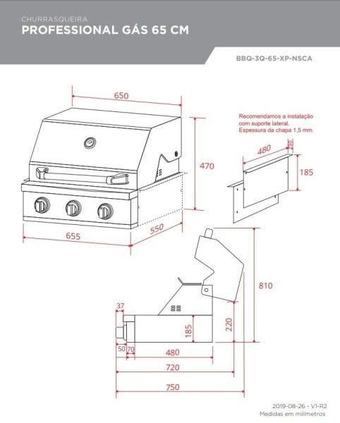 Churrasqueira Profissional À Gás Elettromec 3 Queimadores Inox 65cm - Bbq-3q-65-Xp-Nsca - 3