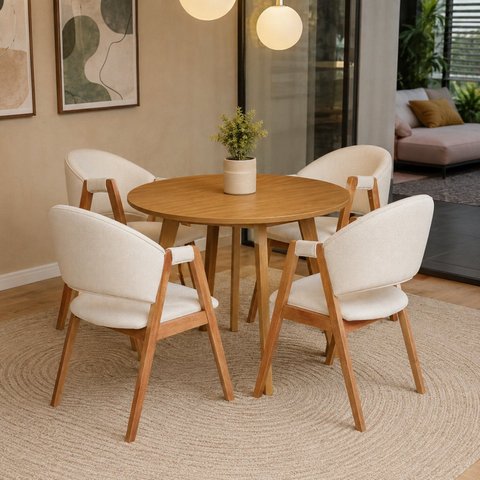 Conjunto Mesa Compacta 90cm & 4 Poltronas Lithi em Linho Marfim Ergônomicas & Delicadas