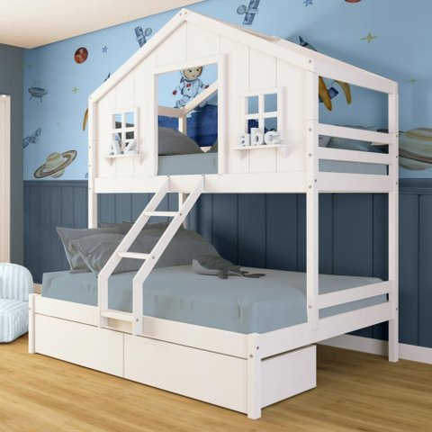 Beliche Casal/ Solteiro Casinha Dos Sonhos com 02 Gavetas Madeira Maciça Branco Megamobilia