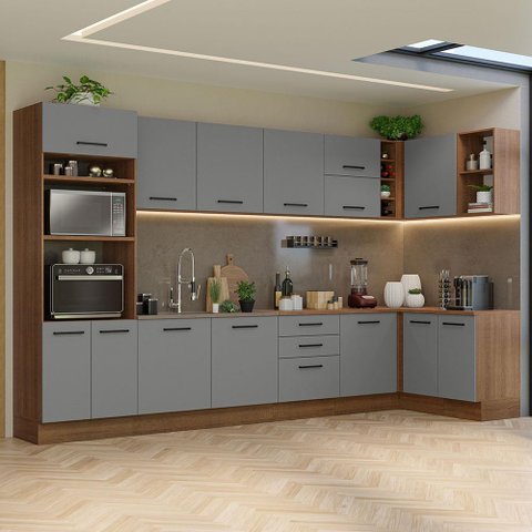 Armário de Cozinha Planejada de Canto 499cm Rustic/Cinza Agata Madesa 01