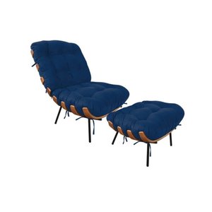 Poltrona Costela com Puff Suede Azul Marinho - Vallisa Decor