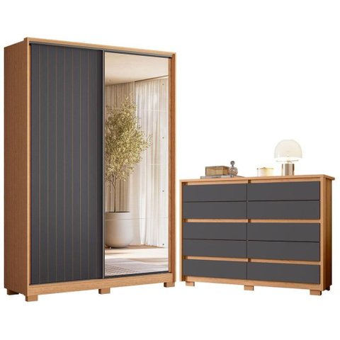Guarda Roupa Solteiro Frizatto 2 Portas de Correr com Espelho 3 Gavetas MDP Cômoda Duetto Freijo