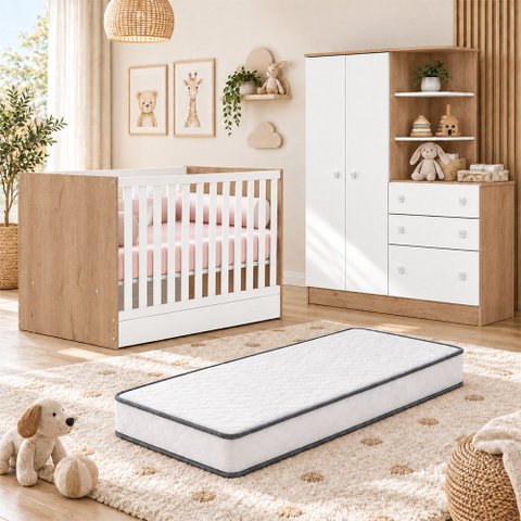 Kit Quarto de Bebê Doce Sonho com Berço Mini Cama Guarda Roupa com Cômoda e Colchão D18 130x70 Movel