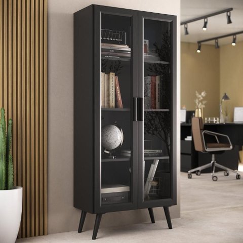 Armário de Escritório 68cm 2 Portas com Vidro Retrô Urban Multimóveis Mp6039 Preto