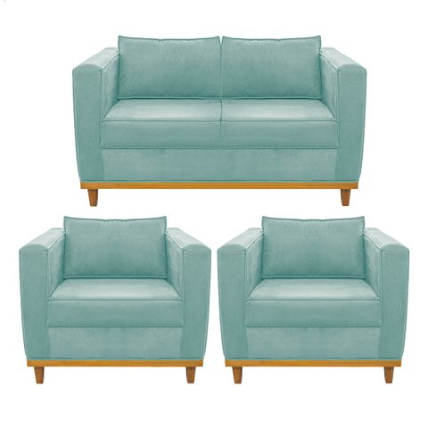 Kit Sofá 2 Lugares e 2 Poltronas Europa Suede Doce Sonho Móveis - Azul Tiffany