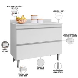 Balcão Gabinete para Cozinha com Tampo 100cm Less M05 Branco - Inoviza - 5