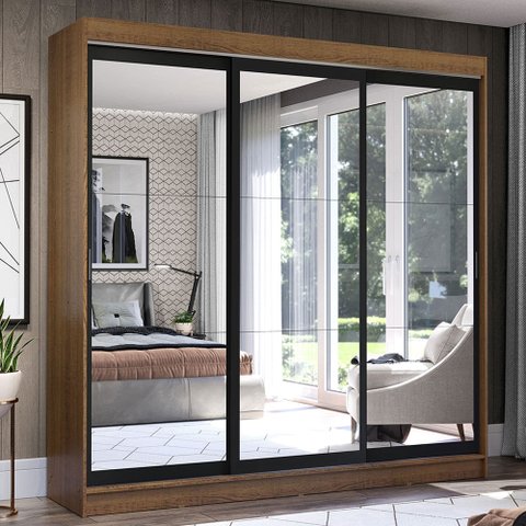 Guarda-Roupa Casal Madesa Istambul 3 Portas de Correr de Espelho 3 Gavetas Rustic/Preto Cor:Rustc/Pr