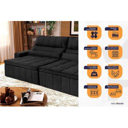 Sofá Retrátil Reclinável Supremo 3,00m Suede Velut Preto Molas no Assento - King House - 3