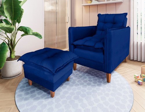 Poltrona de Amamentação Sofá Cama com Puff Azul Marinho Bz Decor