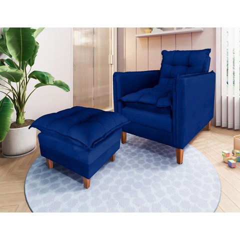 Poltrona de Amamentação Sofá Cama com Puff Azul Marinho Bz Home Decor
