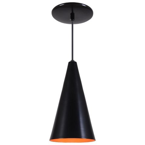 Pendente Cone Luminária Alumínio Preto Fosco C/ Laranja