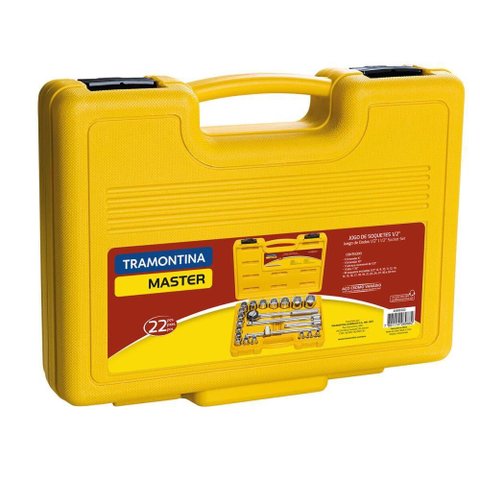Jogo Soquetes Estriados Tramontina Master Encaixe 1/2" Acabamento Cromado Maleta 22 Peças 43600022