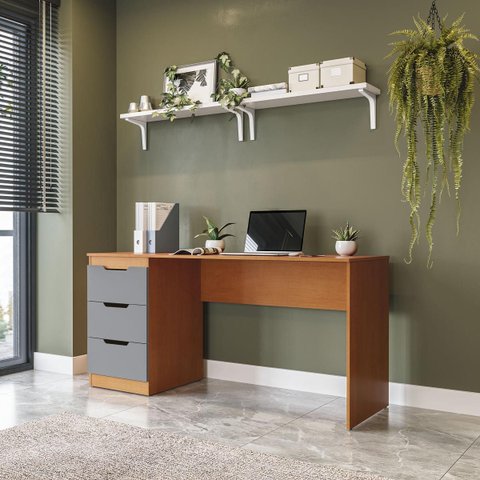 Mesa Escrivaninha Madri Escritório 3 Gavetas 163x77cm Cinza/Freijó 250705