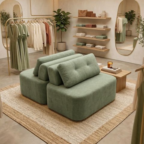 Sofá Modular Cielo 120x180cm Recepção Loja Sala de Estar 2 Módulos Bouclê Verde - Montanari'S Decor