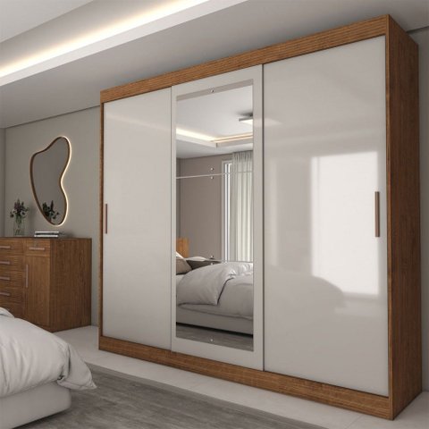 Guarda-roupa Casal Columbia 3 Portas 2 Gavetas com Espelho 100% Mdf Off White/nogueira - Panorama Mó