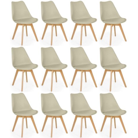 Conjunto 12 Cadeiras de Jantar Eames Wood Leda Design Estofada - Nude