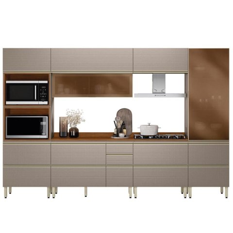 Cozinha Modulada Proença 6 Peças com Cristaleira e Balcão 80cm Nogueira Touch/nude Prime Tx -