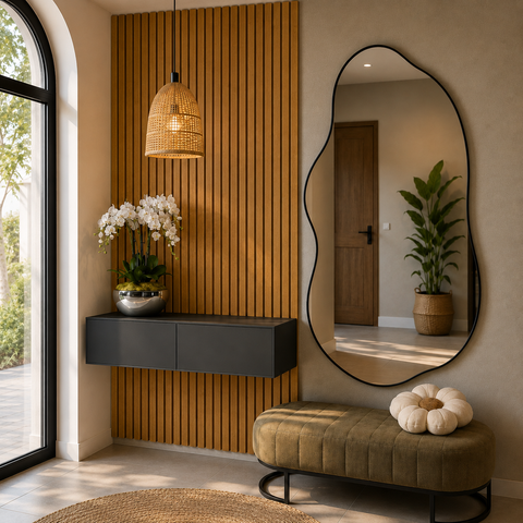 Aparador com Painel Ripado - Casa Elegante Ambiente Decorado:Cinza