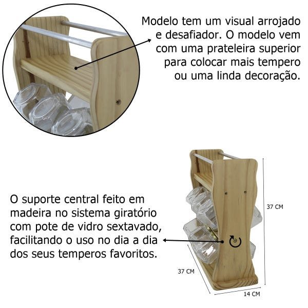 Porta Temperos Giratório em Madeira natural com 12 Potes de Vidro Porta Condimentos Suporte de Tempe - 5