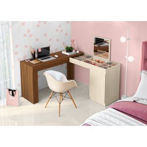 Escrivaninha e Penteadeira Camarim Star com Espelho Freijó/Off White - Ninho Decor