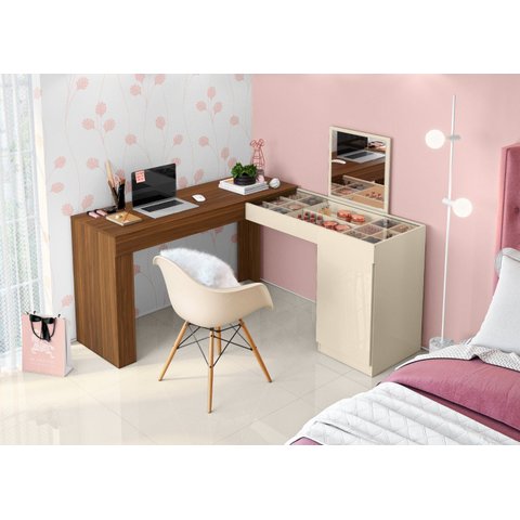 Escrivaninha e Penteadeira Camarim Star com Espelho Freijó/off White - Ninho Decor