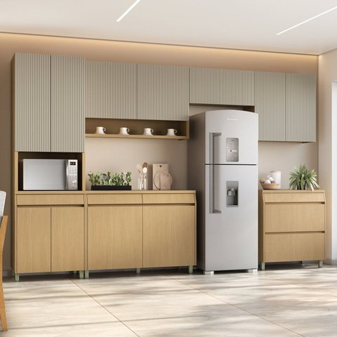 Cozinha 6 Peças 12 Portas 5 Gavetas 350cm 100% MDF Simone Mendes Cinza/Carvalho/Greige