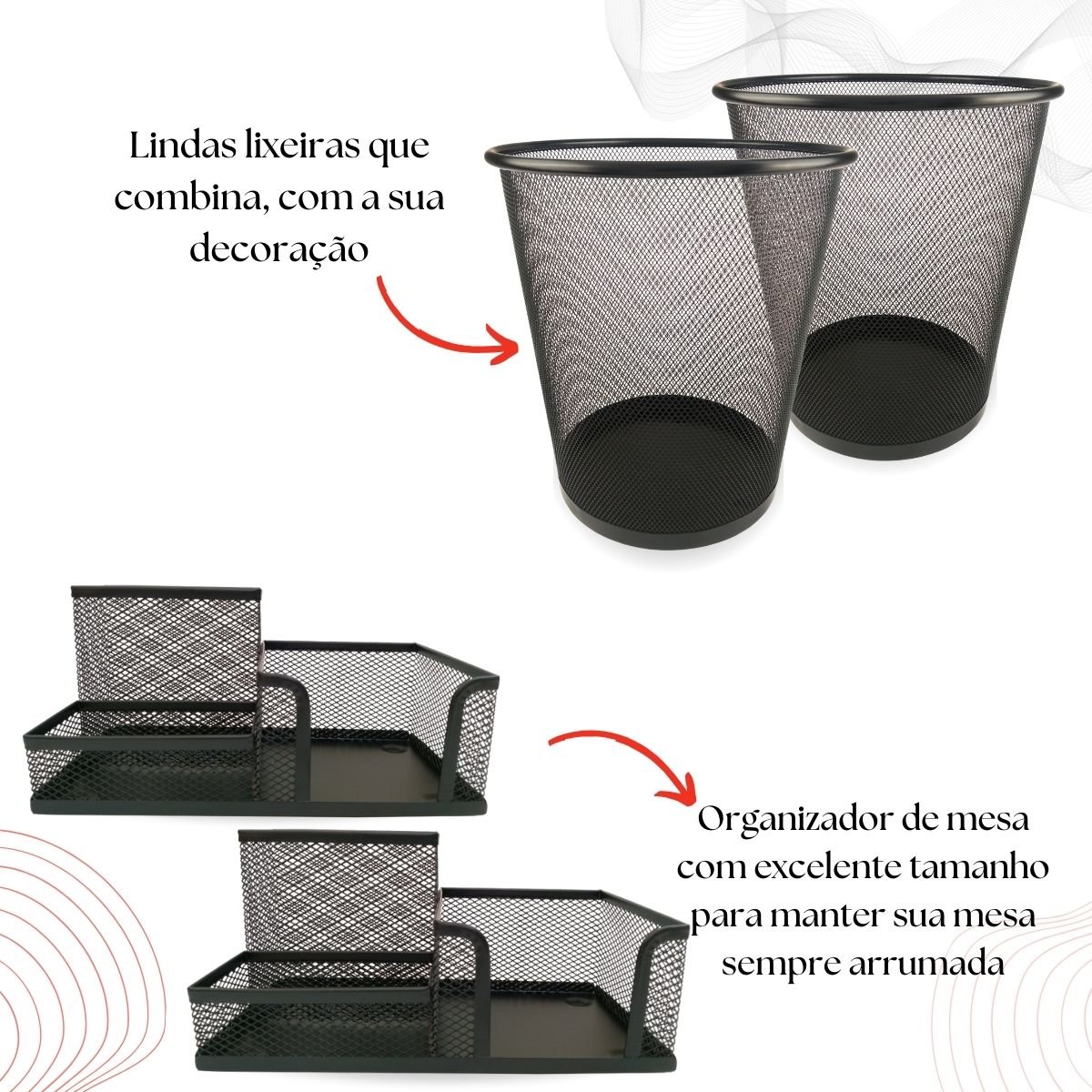 Kit Organizador Mesa Escritório e Lixeira Home Office Preto - 3