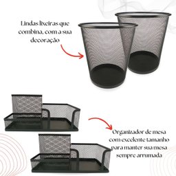 Kit Organizador Mesa Escritório e Lixeira Home Office Preto - 3