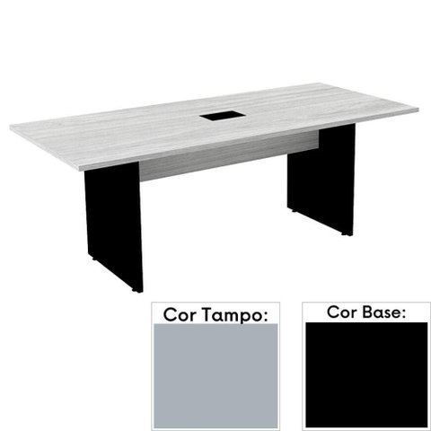 Mesa de Reunião com Caixa de Tomada Retangular 200 x 90 cm Pé Painel PE25 em MDP Cinza Base Preta