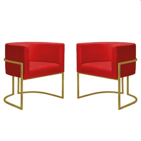Kit 2 Poltronas Reforçadas Decorativa Sala Nayara Base Ferro Dourado Suede Vermelho