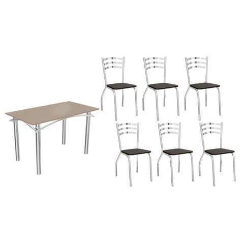 Sala de Jantar Completa Elba Tampo Madeirado C/ Vidro 120cm e 6 Cadeiras Portugal Cromada/freijo