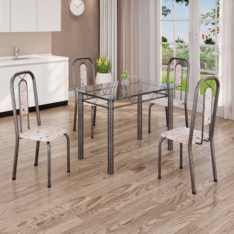 Conjunto de Mesa Tubular com 4 Cadeiras Lívia Prata/Bege