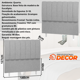 Cabeceira Casal Estofada 140cm Carla Linho com Frames:cinza Claro - 3