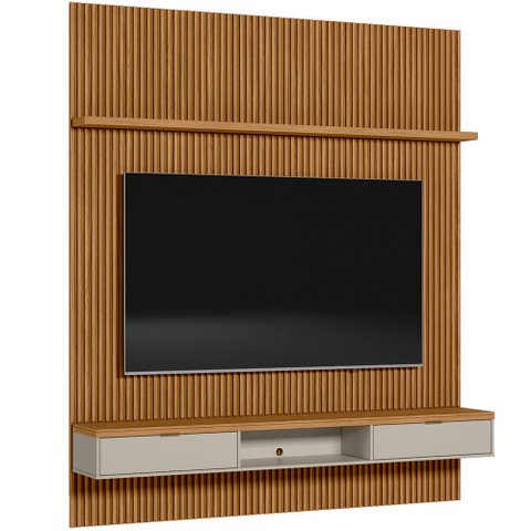 Painel Ripado Para TV 75 Pol Slats e Bancada Lisa 219x250cm L05 Nature Off White - Lyam Decor Slats 