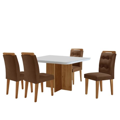 Sala de Jantar Mesa 90cm Olímpia em Mdf com Vidro Canto Copo 4 Cadeiras Carol Moderna Mobília