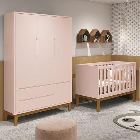Jogo de Quarto Infantil Guarda Roupa 3 Portas e Berço Classic Rosa Fosco com Pés Amadeirado - Reller